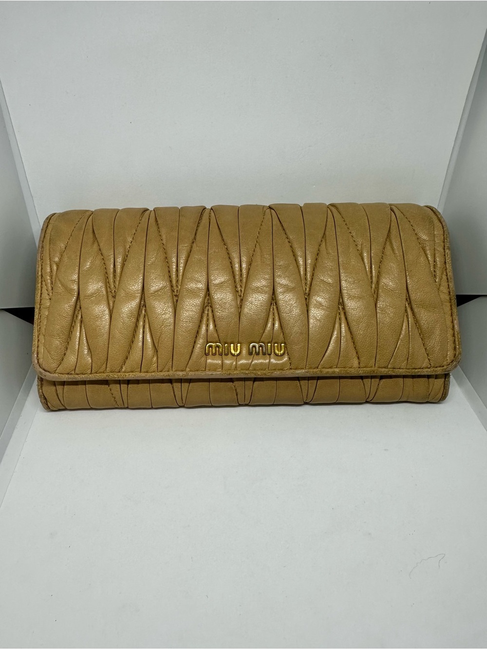Miu Miu Matelassé Nappa Leather Flap Long Wallet Beige/Tan Fair Condition
